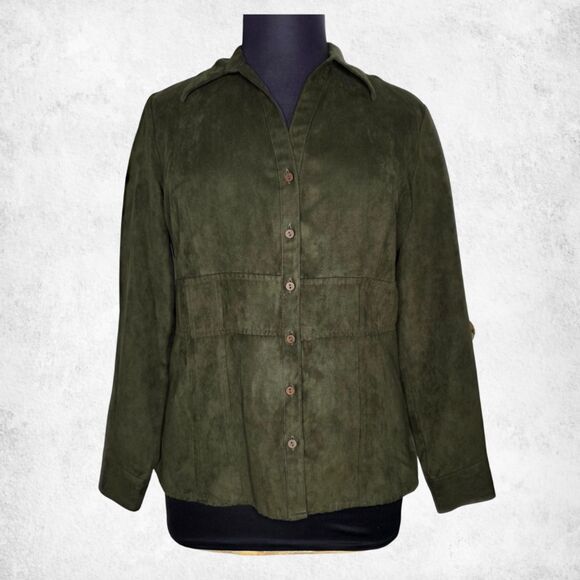 Cato Olive Green Faux Suede Button Front Shirt Jacket Women’s XL - Picture 4 of 6